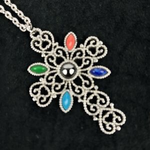 Vintage Avon Romanesque. Cross Pendant Necklace Silver tone Filagree multicolor